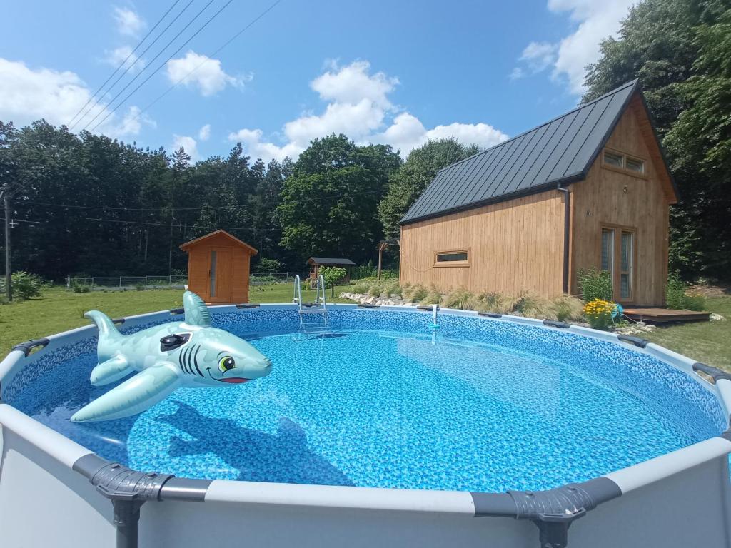 a fish inflatable shark in a pool next to a house at Roztocze Na Końcu Drogi in Lubycza Królewska