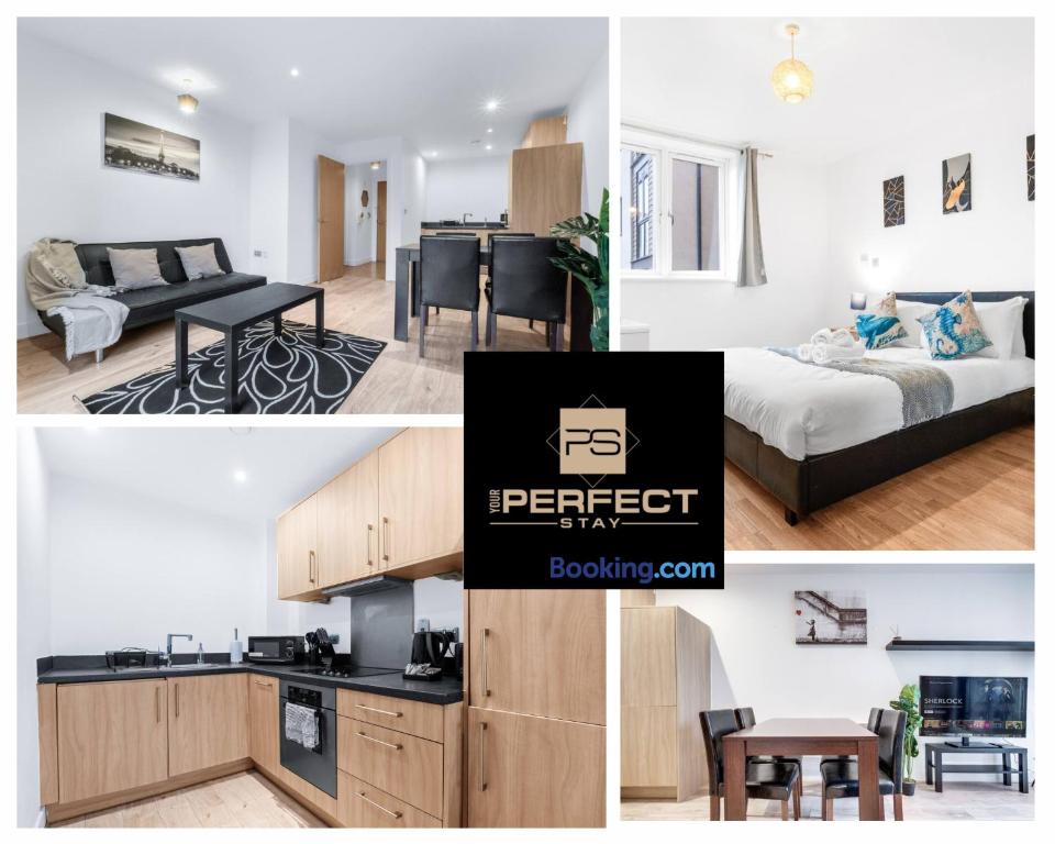 a collage of pictures of a bedroom and a living room at Mercury Suite CITY CENTRE Netflix Dedicated Workspace By Your Perfect Stay Short Lets Birmingham in Birmingham