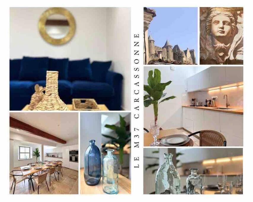 uma colagem de fotografias de uma sala de estar com mobiliário azul em Le M37 em Carcassonne