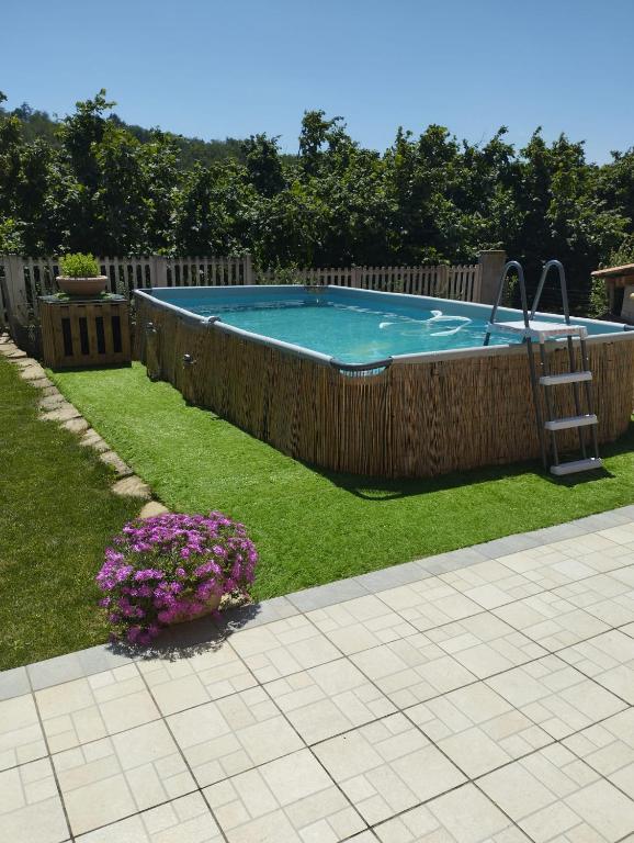 a swimming pool in a yard with flowers at Taoretto 1 in Serravalle delle Langhe