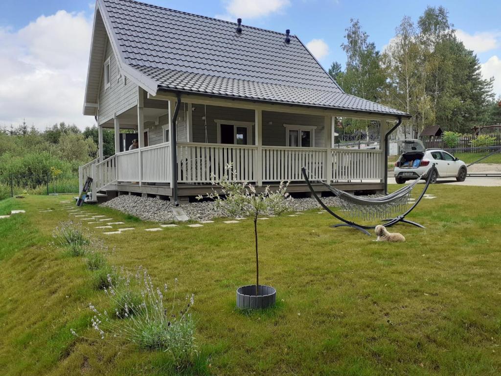 mały dom z hamakiem na dziedzińcu w obiekcie Słoneczny domek w mieście Kretowiny