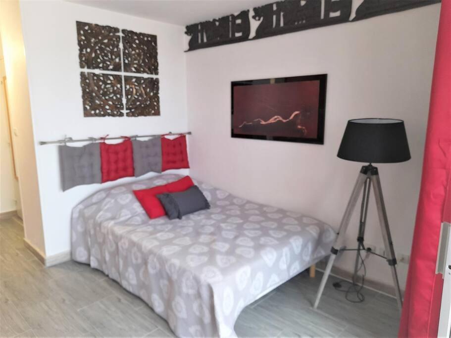 une chambre avec un lit avec une télévision au mur dans l'établissement Studio 309, Port Vénus au village naturiste, au Cap d'Agde
