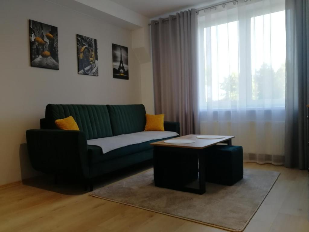 a living room with a green couch and a table at Apartament nad Węgorapą in Węgorzewo