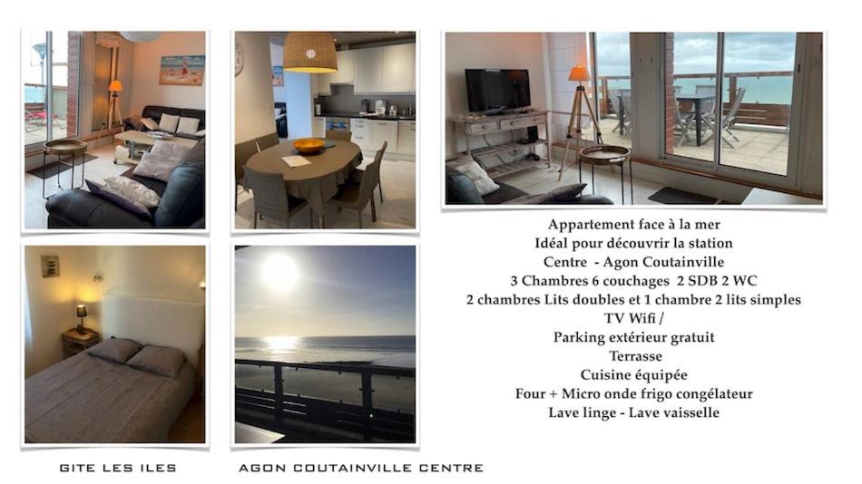 eine Collage aus vier Bildern eines Wohnzimmers in der Unterkunft LES ILES VUE SUR MER in Agon Coutainville