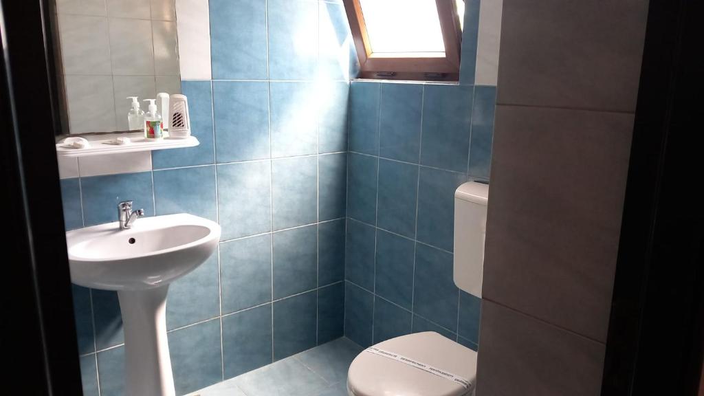 a blue tiled bathroom with a sink and a toilet at CASA ADELA in Tulcea