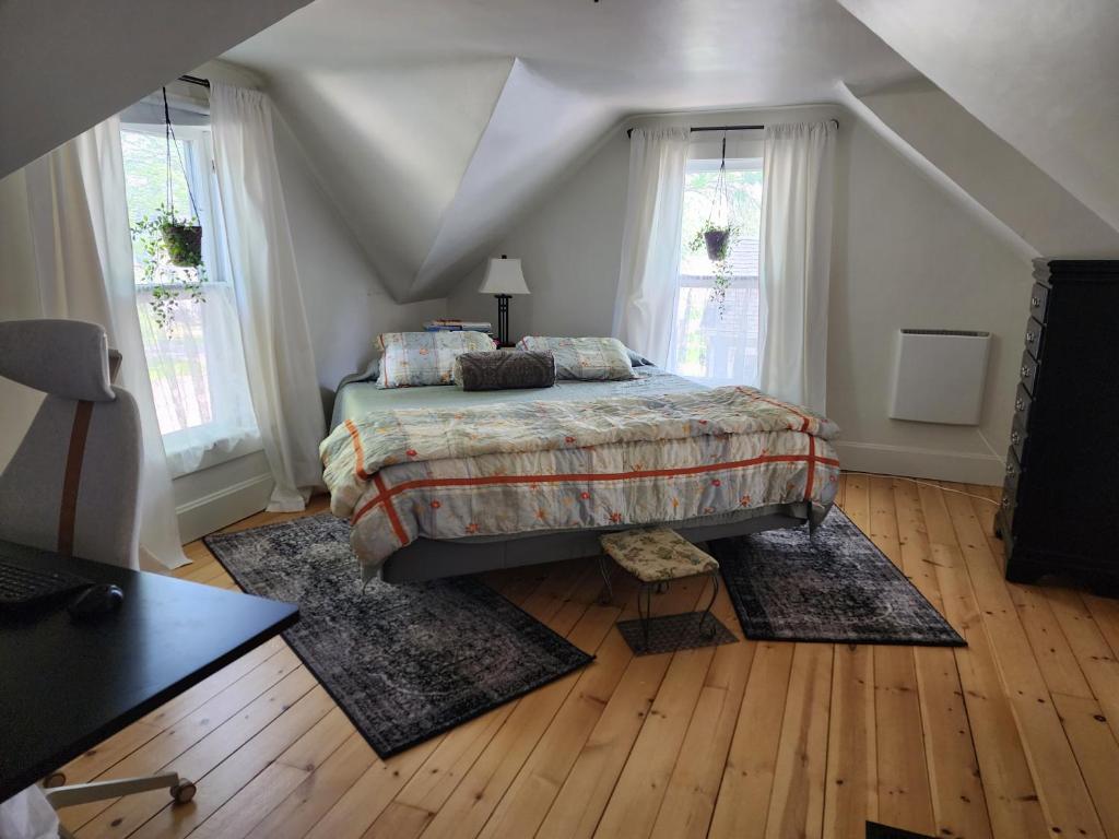 een slaapkamer met een bed en 2 ramen bij The Landerholm Bed and Breakfast in Wisconsin Rapids