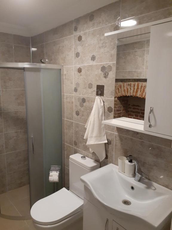 a bathroom with a toilet and a sink and a shower at OTELIA PANSIYON in Ayvalık