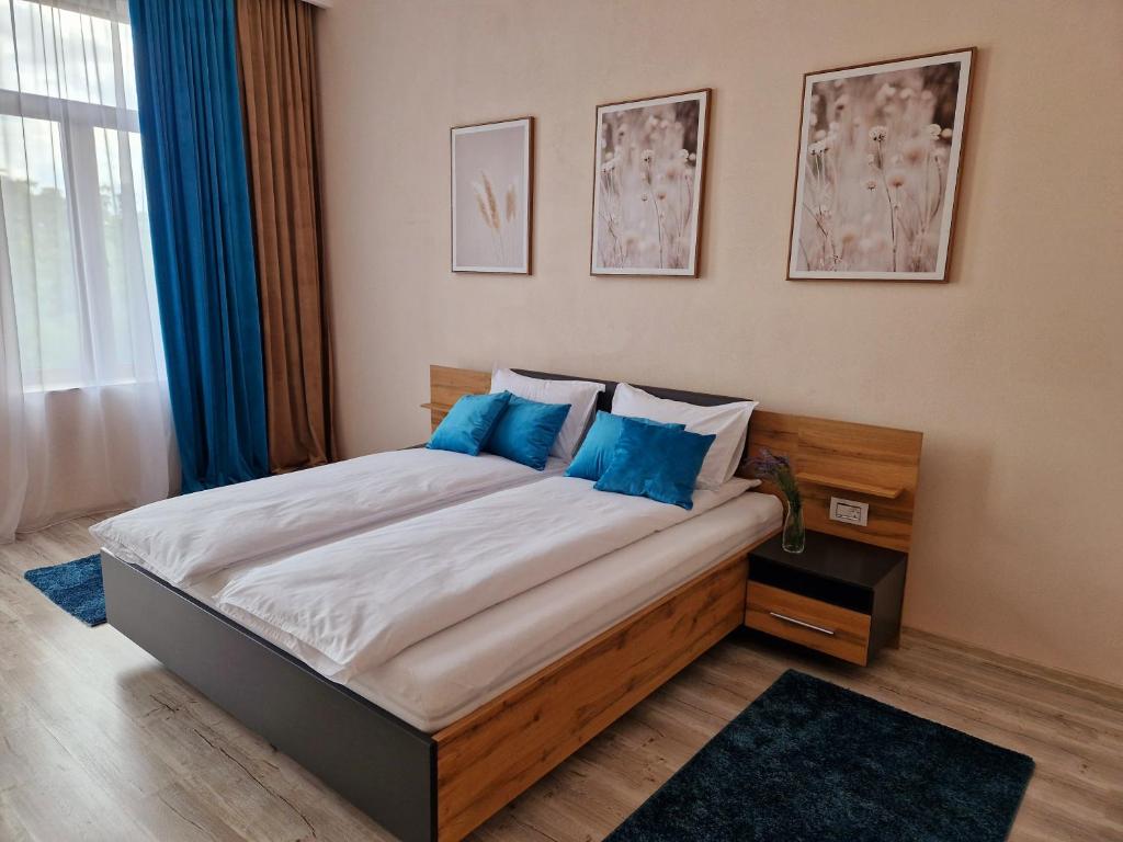 - une chambre avec un grand lit et des oreillers bleus dans l'établissement ORI Classy Apart Malul Mureșului, à Arad