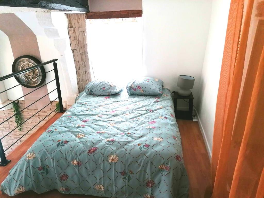 Bett in einem Zimmer mit Fenster in der Unterkunft Charmant studio sur la route du Mont-St-Michel in Les Portes du Coglais