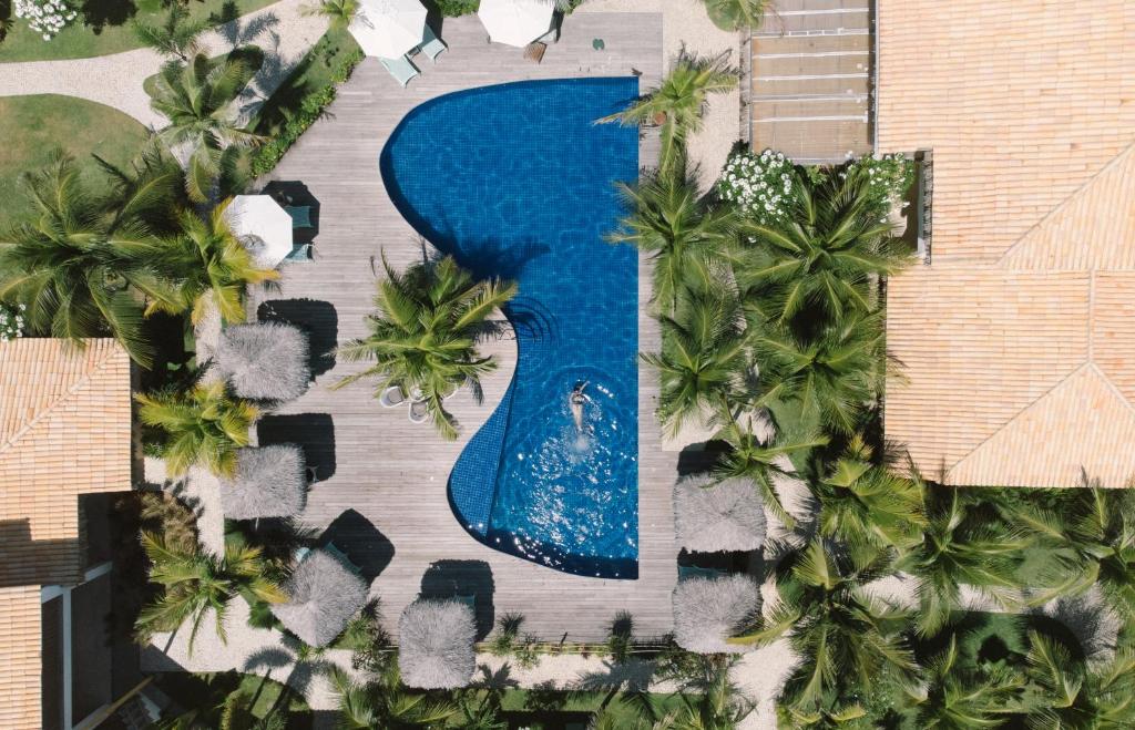 uma vista sobre uma piscina com palmeiras em PAUSA Hotel em Fortim
