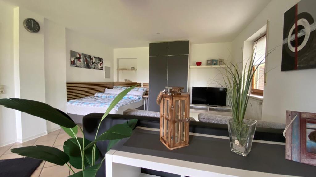 ein Schlafzimmer mit einem Bett in einem Zimmer in der Unterkunft Apartment Bärenfelsblick in Wehr