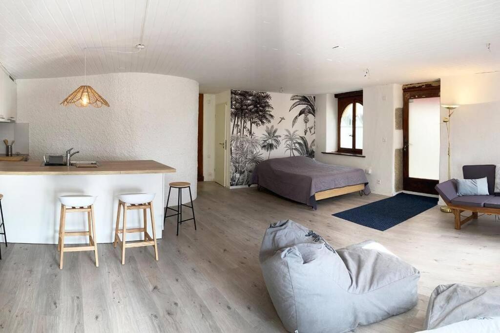 uma sala de estar com um sofá, uma cozinha e uma cama em Gite des Pavés à Peseux em Neuchâtel