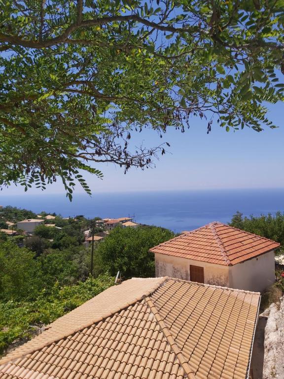 a house with a tile roof with the ocean in the background at Ionian Avra Apartment in Athanion