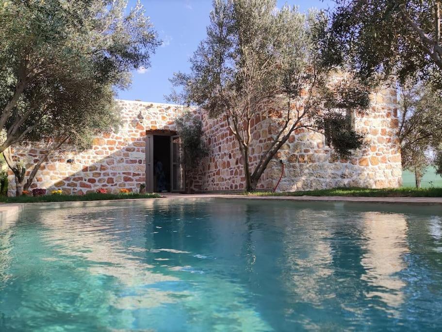 a swimming pool in front of a brick building at Magnifique maison en pierre 