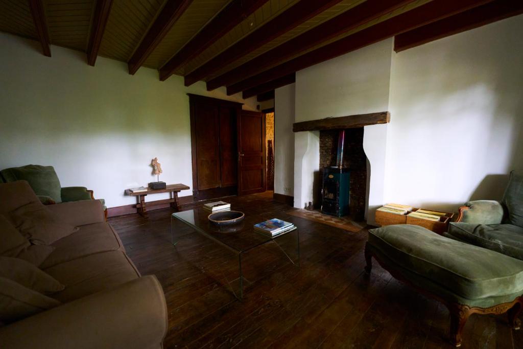 ein Wohnzimmer mit einem Sofa und einem Kamin in der Unterkunft La ferme de Roquedure in Montfaucon