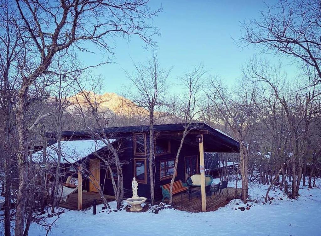 uma cabana de madeira na floresta na neve em Refugio Nativo em Nevados de Chillan