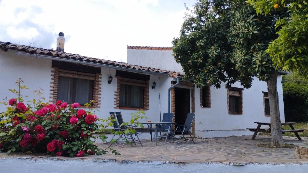 Casa blanca con mesa, sillas y flores en Casa Rural El Riandero, en Linares de la Sierra