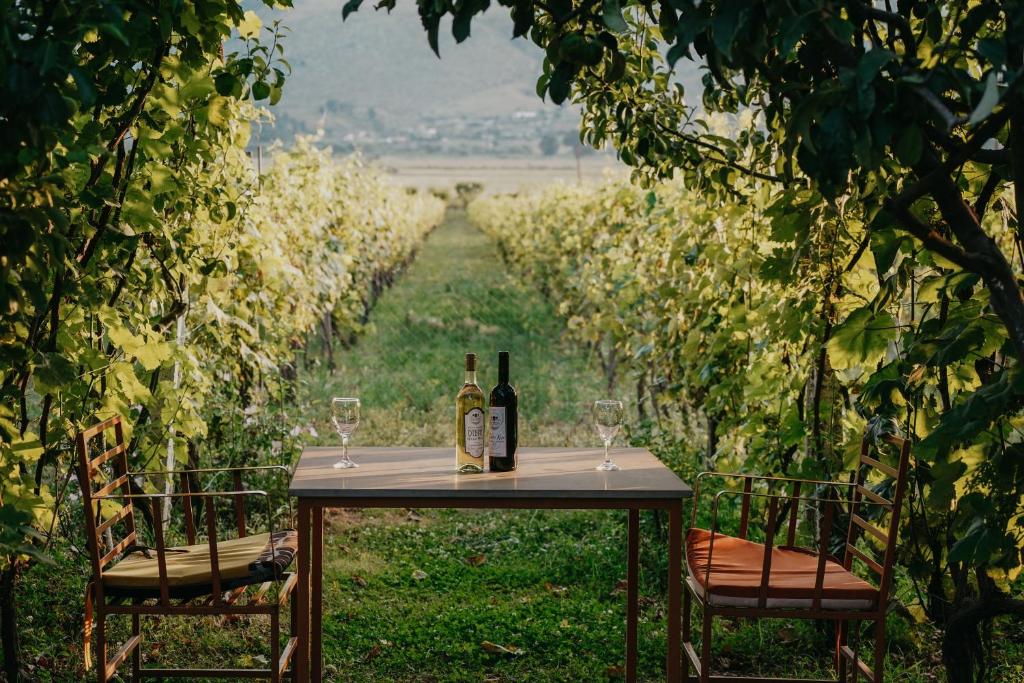a table with two bottles and two glasses of wine at The Barrels Ms in Gjirokastër