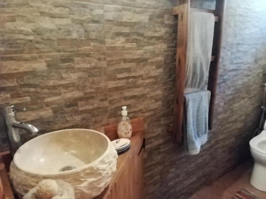 a bathroom with a sink and a stone wall at Despina country retreat in Paphos City