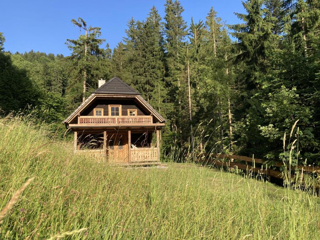 a log cabin in the middle of a grassy field at Biohof Prem in Sankt Kathrein am Offenegg