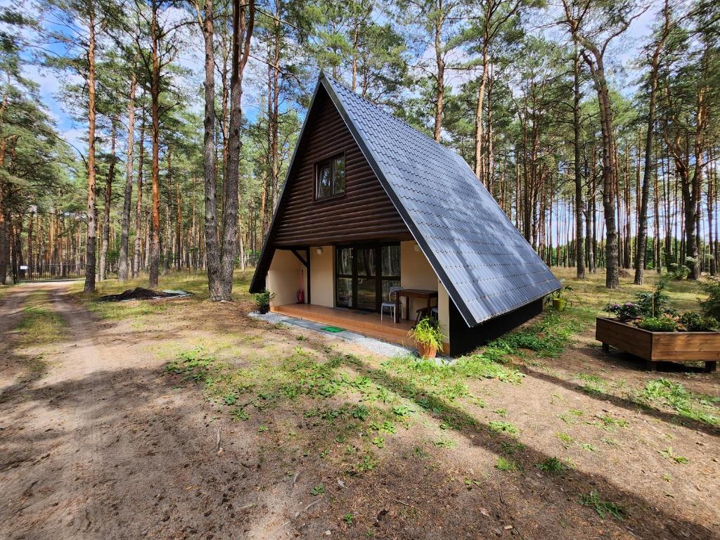 a small house with a black roof in a forest at Jak Tu Sielsko in Osiek