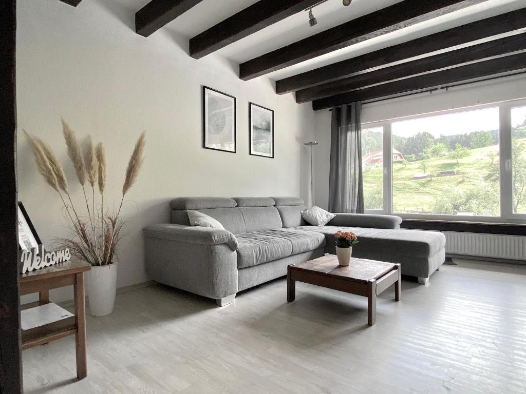 uma sala de estar com um sofá e uma mesa em *Schwarzwald-Apartment 2° * em Elzach