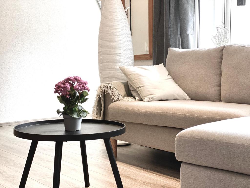 - un salon avec un canapé et une table avec une plante dans l'établissement *Schwarzwald-Apartment 1° *, à Elzach