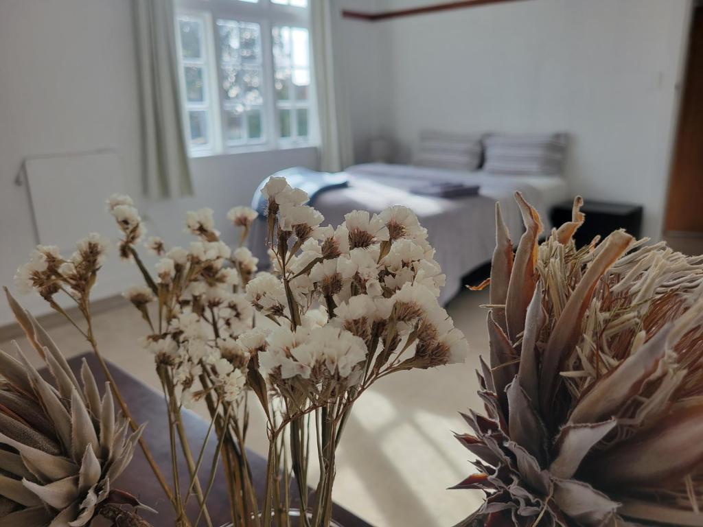 een vaas gevuld met witte bloemen op een tafel bij 1920s Classic Cozy 2-Bedroom Villa Apartment in Parnell in Auckland