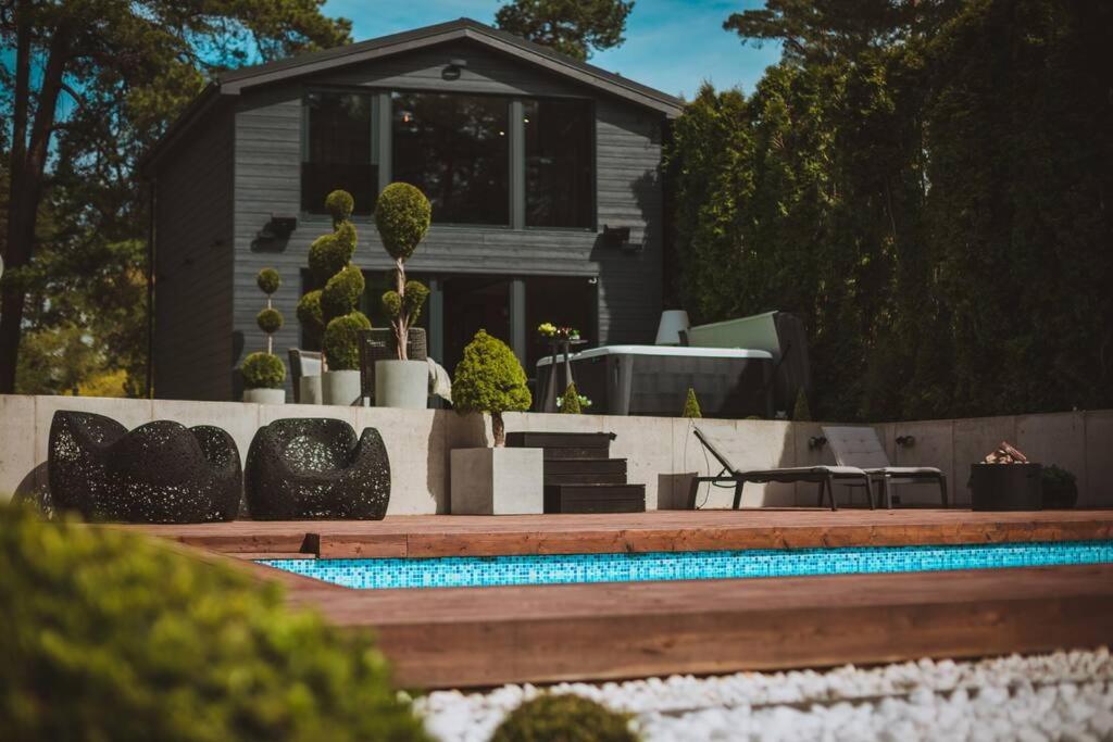 BLACK HOUSE - premium holiday guest house في Priedkalne: منزل مع حمام سباحة مع نباتات الفخار