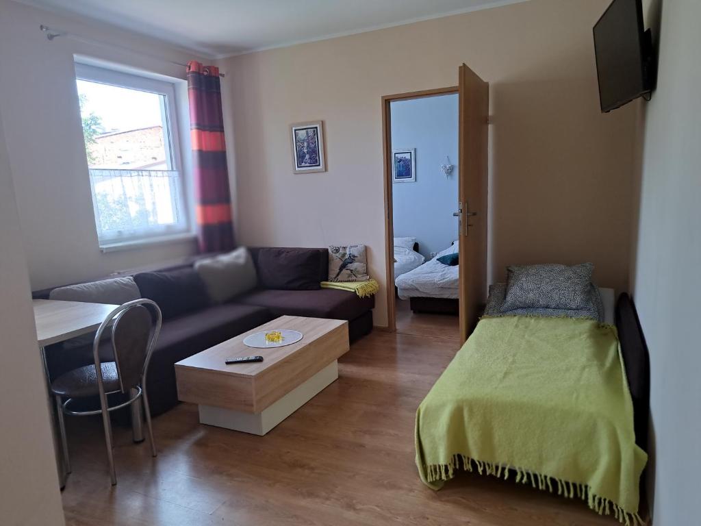 a living room with a couch and a bed at Apartament Borowiacki in Tuchola