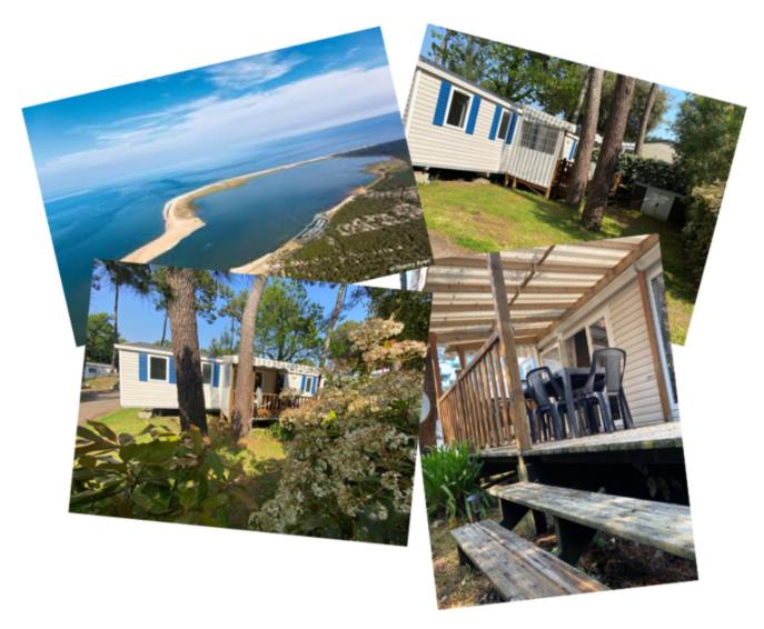 un collage de photos d'une maison et d'une plage dans l'établissement mobilhome la palmyre bonne anse plage, aux Mathes