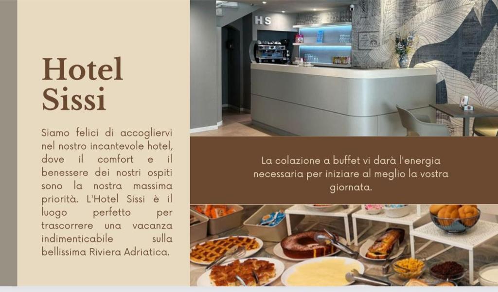 a collage of two pictures of a hotel restaurant with food at Hotel Sissi in Rimini