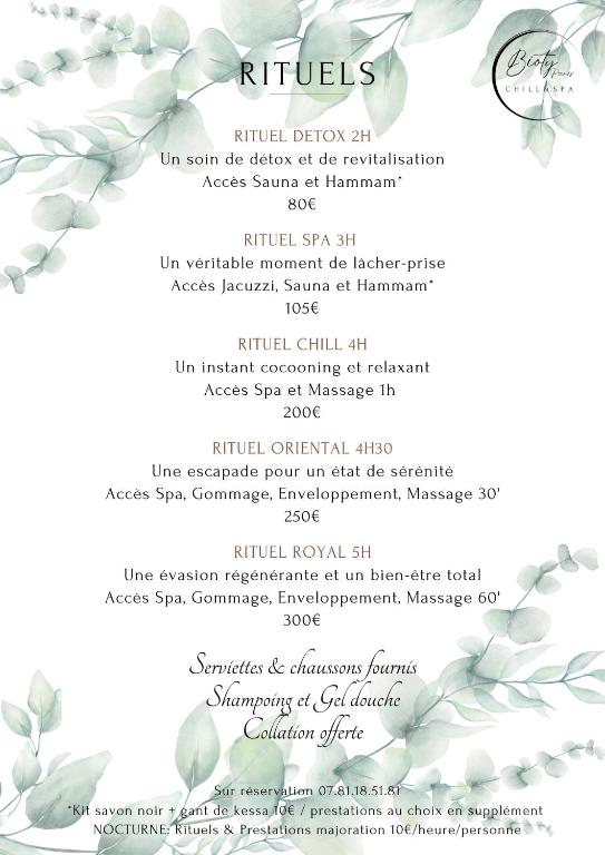 a menu for a restaurant with flowers and leaves at BIOTY CHILL &amp; SPA in Le Blanc-Mesnil
