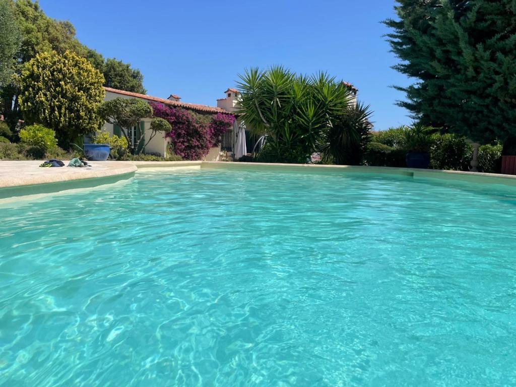 uma grande piscina de água azul num quintal em Domaine des Tuilières avec piscine em Vallauris