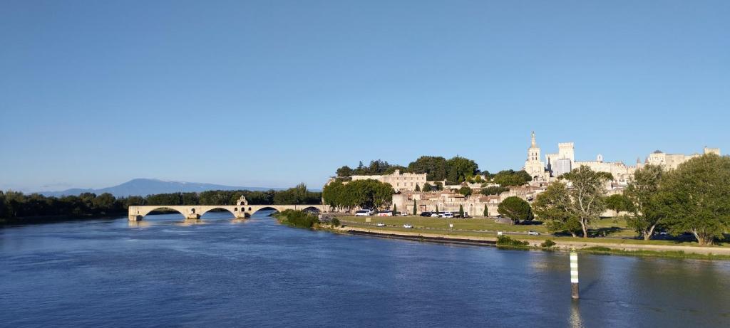 un pont sur une rivière avec une ville en arrière-plan dans l'établissement T4 Joseph Vernet, à Avignon