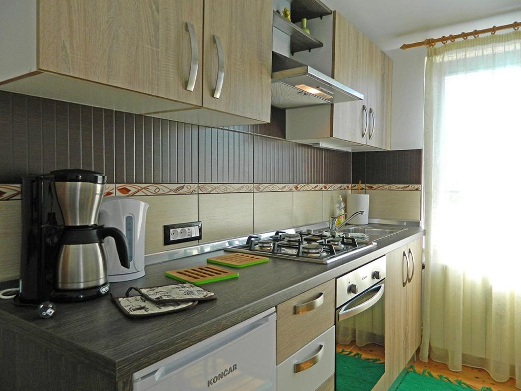a kitchen with a counter with a stove top oven at Apartment San in Ližnjan