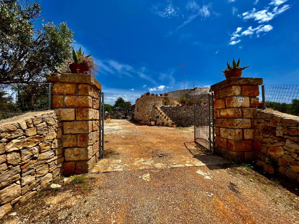 a gate in a stone wall with potted plants on top at Trulli delle succulente in Capilungo