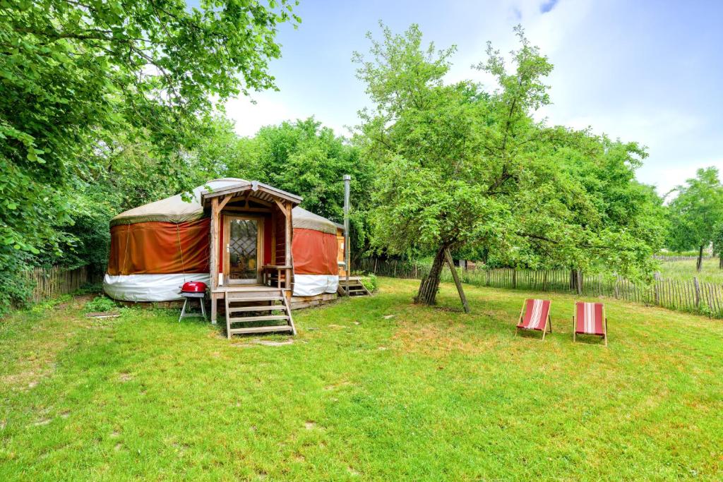 een yurt met een ladder en stoelen in een veld bij La Yourte de la Ferme Froidefontaine in Havelange