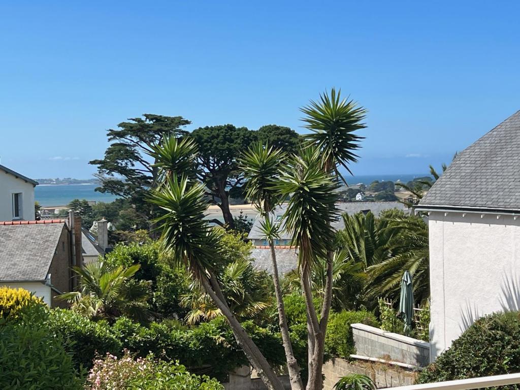 a view of the ocean from a house with palm trees at Appartement vue mer in Carantec