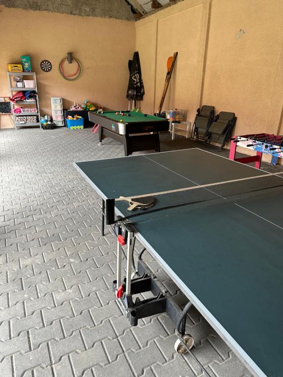 a ping pong table in a room with a ping pong ball at Niebieska Chmurka in Miłomłyn