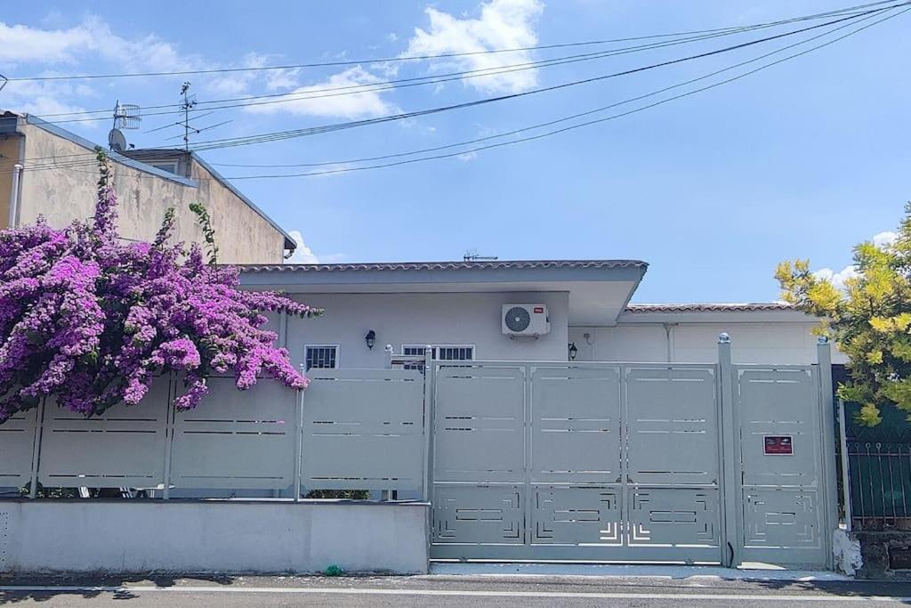 una casa blanca con una valla y un árbol púrpura en Domus Parva, appartamento con giardino en Pompeya