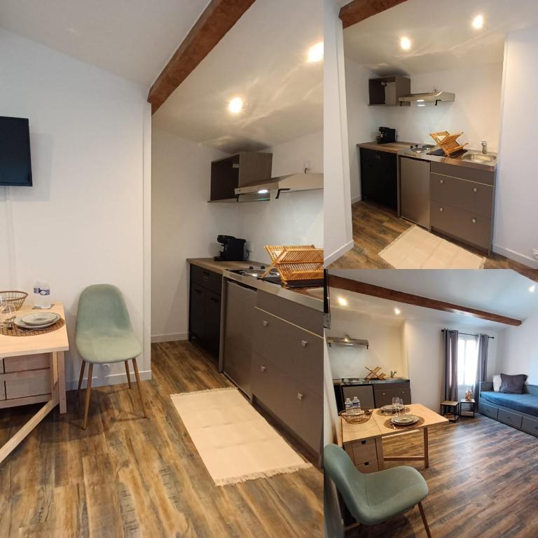 - deux photos d'une cuisine et d'un salon dans l'établissement Studio LA MOUTONNE tt équipé 20 m2 10mn plages- hyeres - TRES CALME-, à La Crau