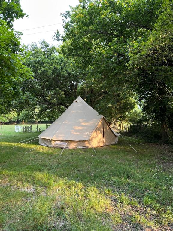 ein Zelt im Gras auf einem Feld in der Unterkunft Grand tepee glamping pour 2 in Saint-Lyphard