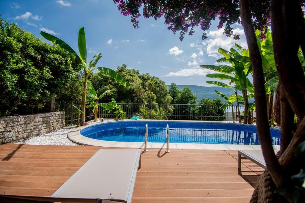 una gran piscina con una terraza de madera junto a ella en Vila Oliva, en Herceg-Novi