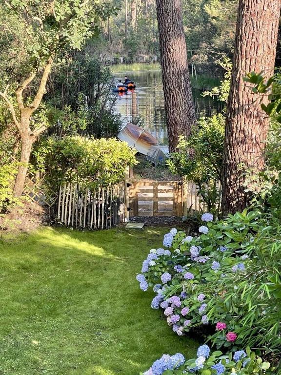 un jardin fleuri et un bateau dans l'eau dans l'établissement Maison bois au bord du lac, à Lacanau