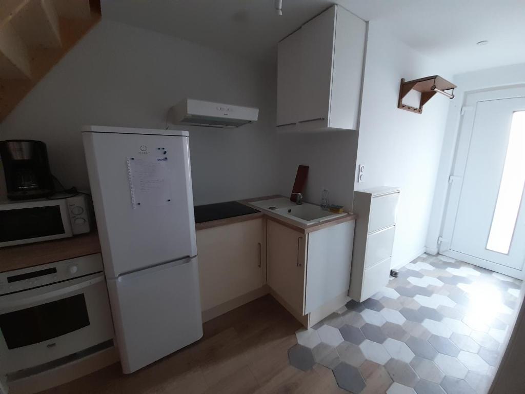 a kitchen with a white refrigerator and a sink at Le Mialan t1 à la campagne à 10 minutes de Valence in Saint-Péray
