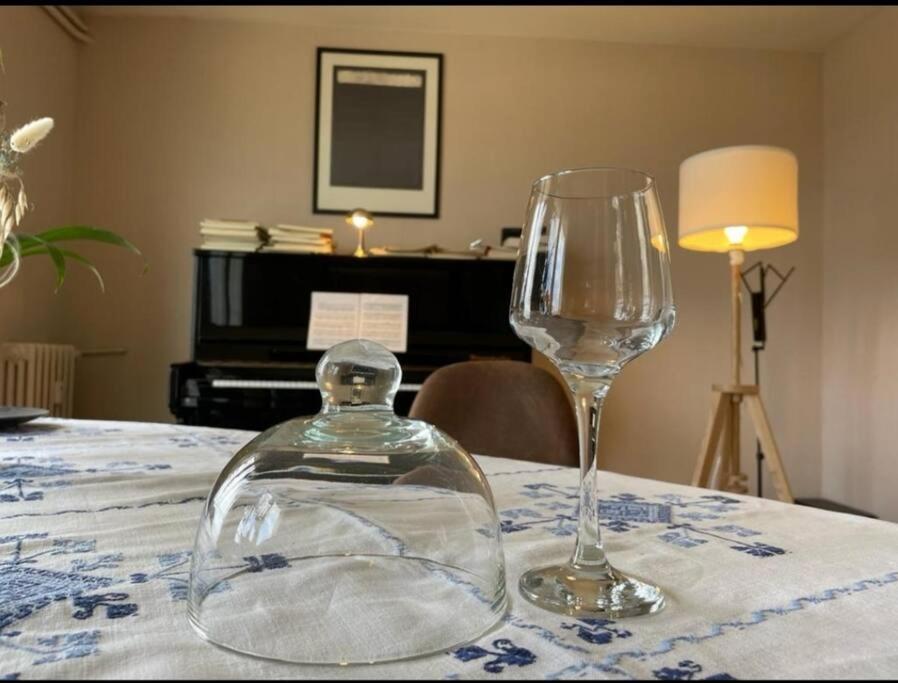eine Glasflasche und ein Glas Wein auf dem Tisch in der Unterkunft Superbe appartement lumineux avec vue imprenable in Tours