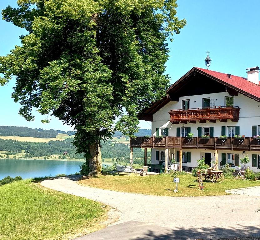 una casa grande con un árbol y un lago en Roiderhof Irrsee en Oberhofen am Irrsee