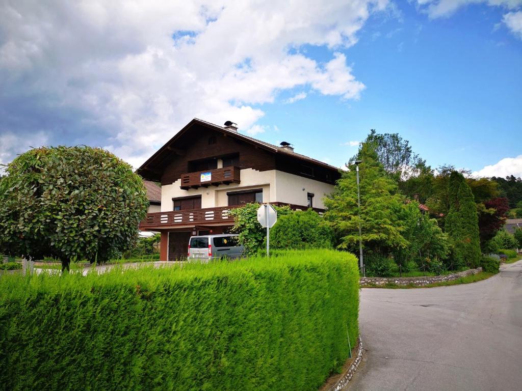 a house with a green hedge in front of a street at Apartment Sončni Mokec in Rečica ob Savinji