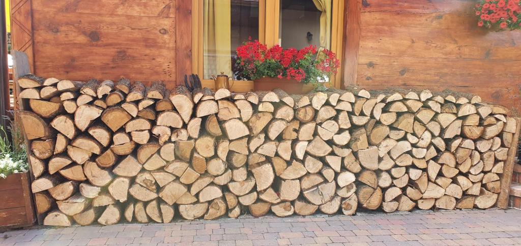 a pile of logs in front of a building at Stary Domek in Mikoszewo